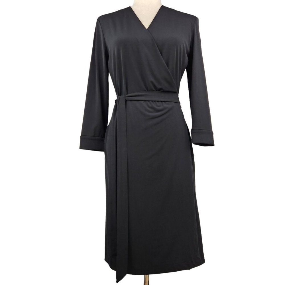 Lord & Taylor Women's‎ Black Wrap Dress Size S/P Classic V-Neck 3/4 Sleeves